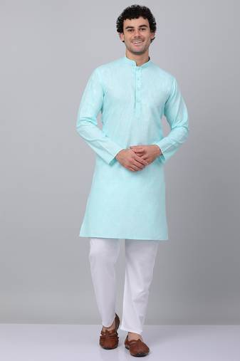 Aqua blue linen solid kurta with pyjamas