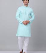 Aqua blue linen solid kurta with pyjamas