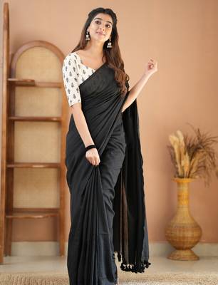black handloom cotton saree with designer blouse 1