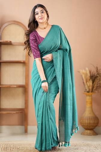 rama green handloom cotton saree with designer blouse