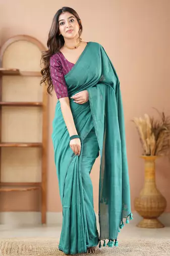 rama green handloom cotton saree with designer blouse