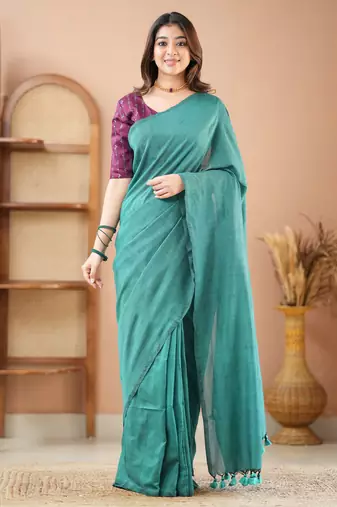 rama green handloom cotton saree with designer blouse
