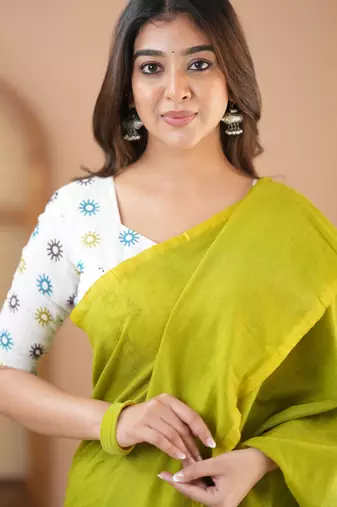 green handloom cotton saree with designer blouse