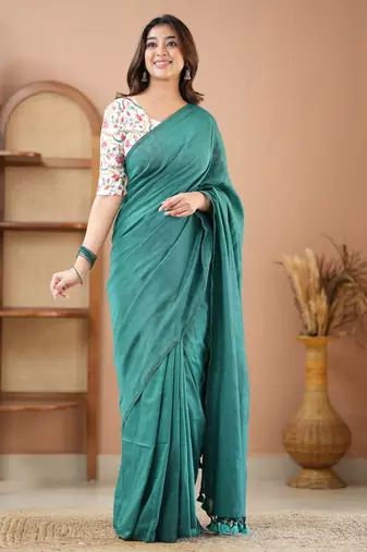 rama green handloom cotton saree with designer blouse