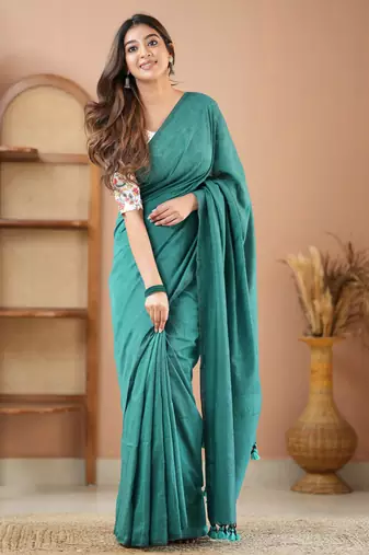 rama green handloom cotton saree with designer blouse