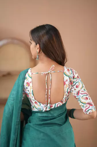 rama green handloom cotton saree with designer blouse