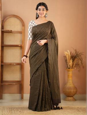 brown stripe cotton saree designer print blouse 3