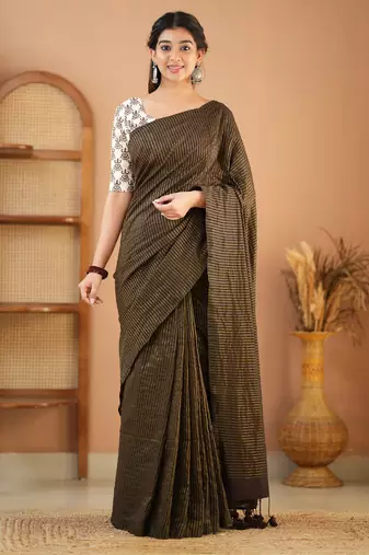 brown stripe cotton saree designer print blouse