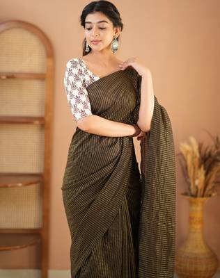 brown stripe cotton saree designer print blouse 4