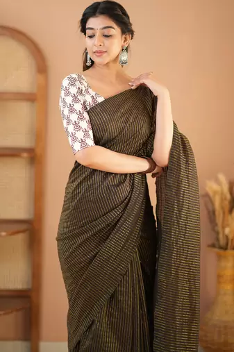 brown stripe cotton saree designer print blouse