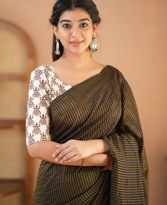 brown stripe cotton saree designer print blouse 5