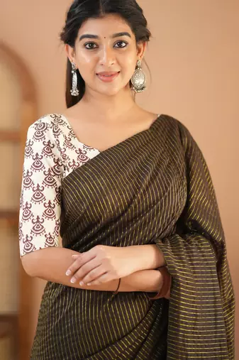 brown stripe cotton saree designer print blouse