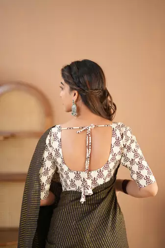 brown stripe cotton saree designer print blouse