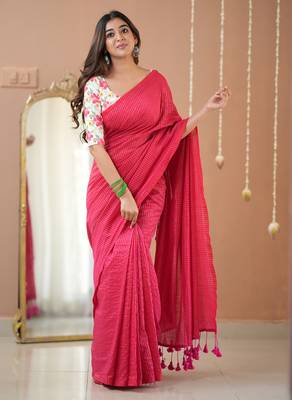 pink stripe cotton saree designer print blouse 1