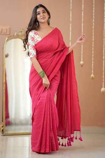 pink stripe cotton saree designer print blouse