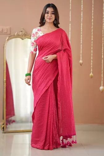pink stripe cotton saree designer print blouse