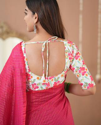 pink stripe cotton saree designer print blouse 6