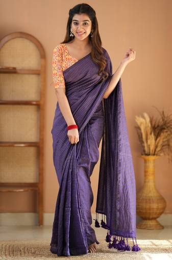 violet stripe cotton saree designer print blouse