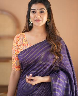 violet stripe cotton saree designer print blouse 5