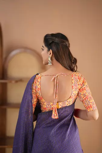 violet stripe cotton saree designer print blouse