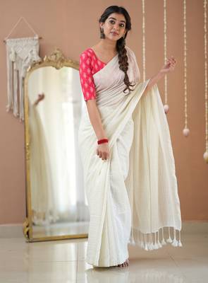 white stripe cotton saree designer print blouse 1