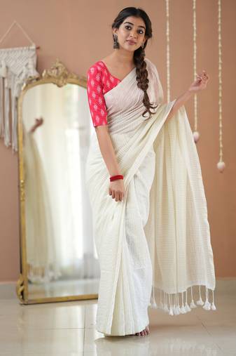 white stripe cotton saree designer print blouse