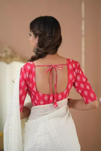 white stripe cotton saree designer print blouse