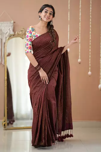 wine stripe cotton saree designer print  blouse