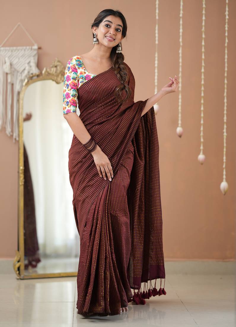 wine stripe cotton saree designer print  blouse