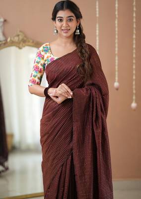 wine stripe cotton saree designer print  blouse 3