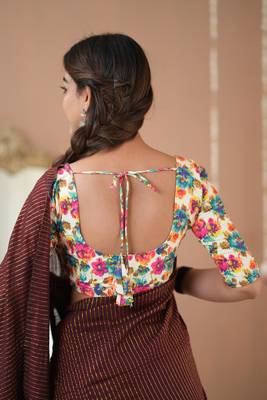 wine stripe cotton saree designer print  blouse 5