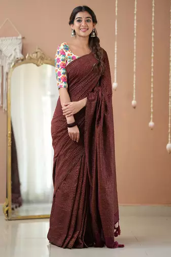 wine stripe cotton saree designer print  blouse