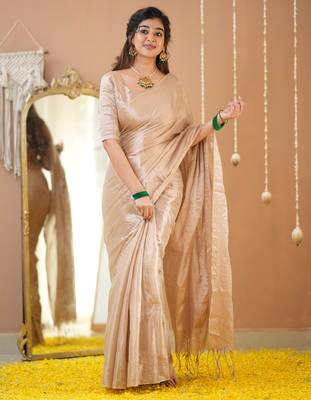 beige handloom tissue saree with designer blouse 1