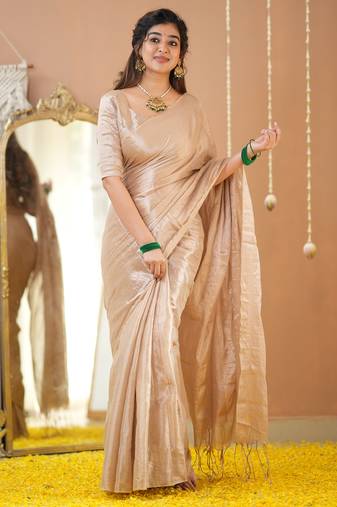 beige handloom tissue saree with designer blouse