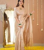 beige handloom tissue saree with designer blouse