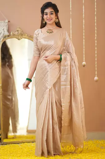 beige handloom tissue saree with designer blouse
