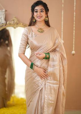 beige handloom tissue saree with designer blouse 4