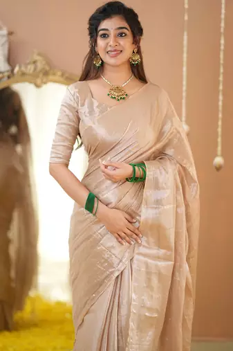 beige handloom tissue saree with designer blouse