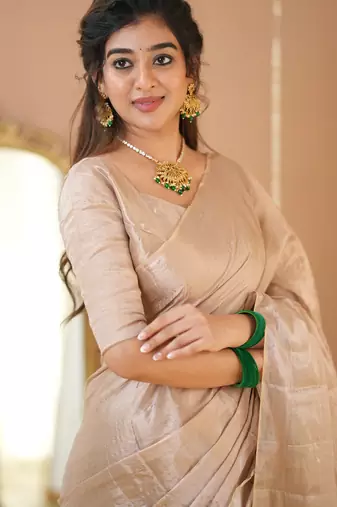 beige handloom tissue saree with designer blouse