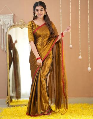 gold handloom tissue saree with designer blouse 1