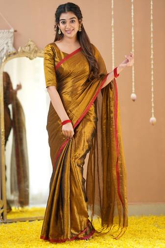 gold handloom tissue saree with designer blouse