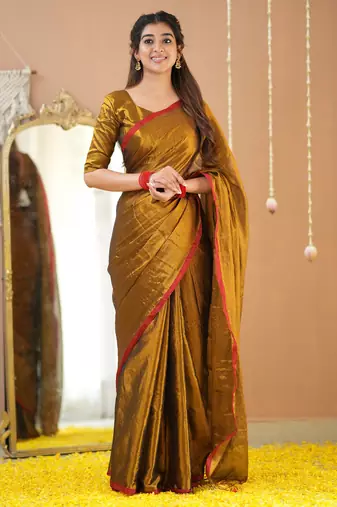 gold handloom tissue saree with designer blouse