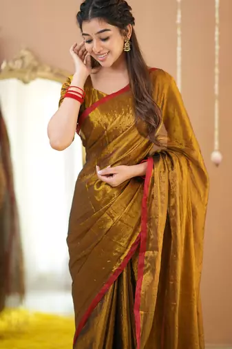 gold handloom tissue saree with designer blouse