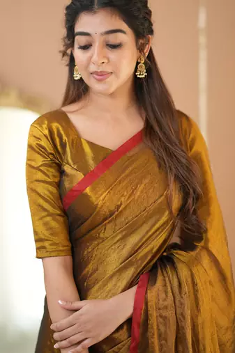 gold handloom tissue saree with designer blouse