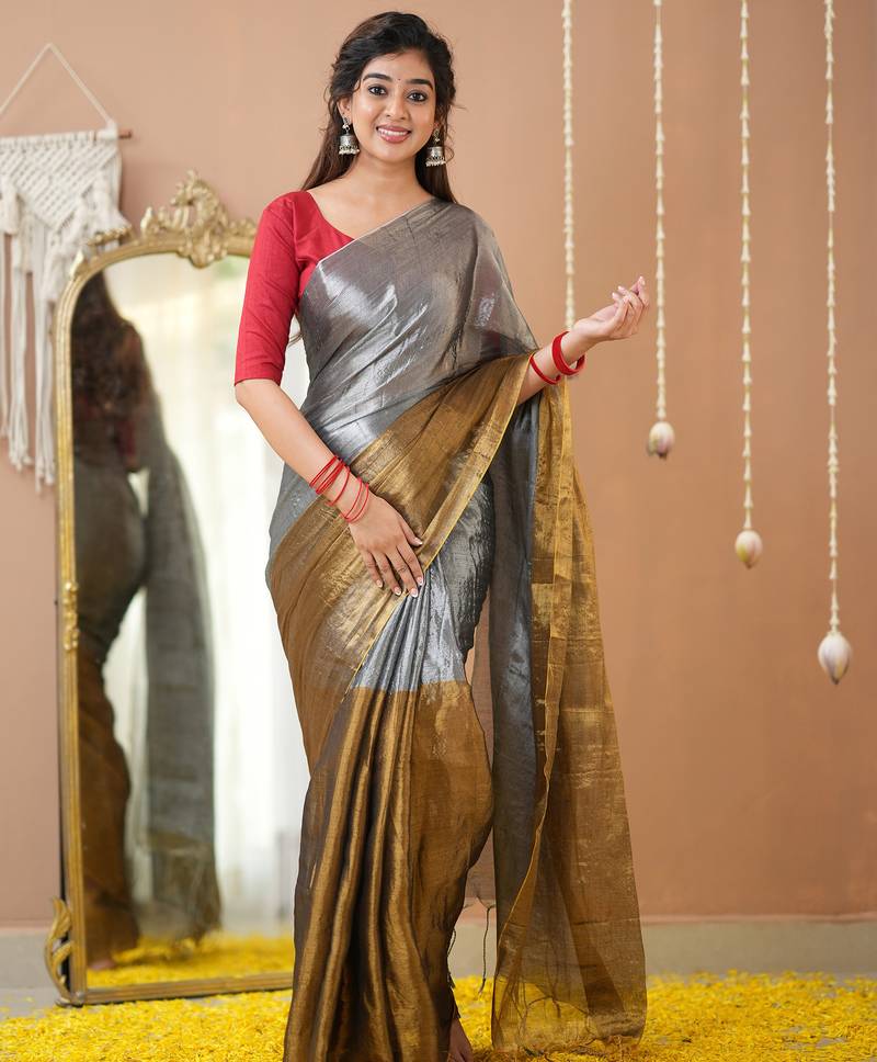 gold & silver handloom tissue saree with designer blouse