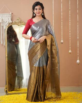 gold & silver handloom tissue saree with designer blouse 3