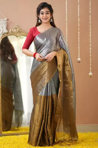 gold & silver handloom tissue saree with designer blouse