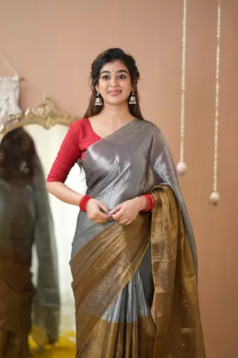 gold & silver handloom tissue saree with designer blouse