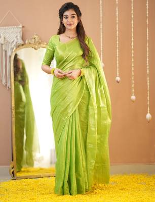 pista green handloom tissue saree with designer blouse 3