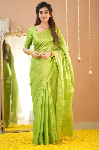 pista green handloom tissue saree with designer blouse
